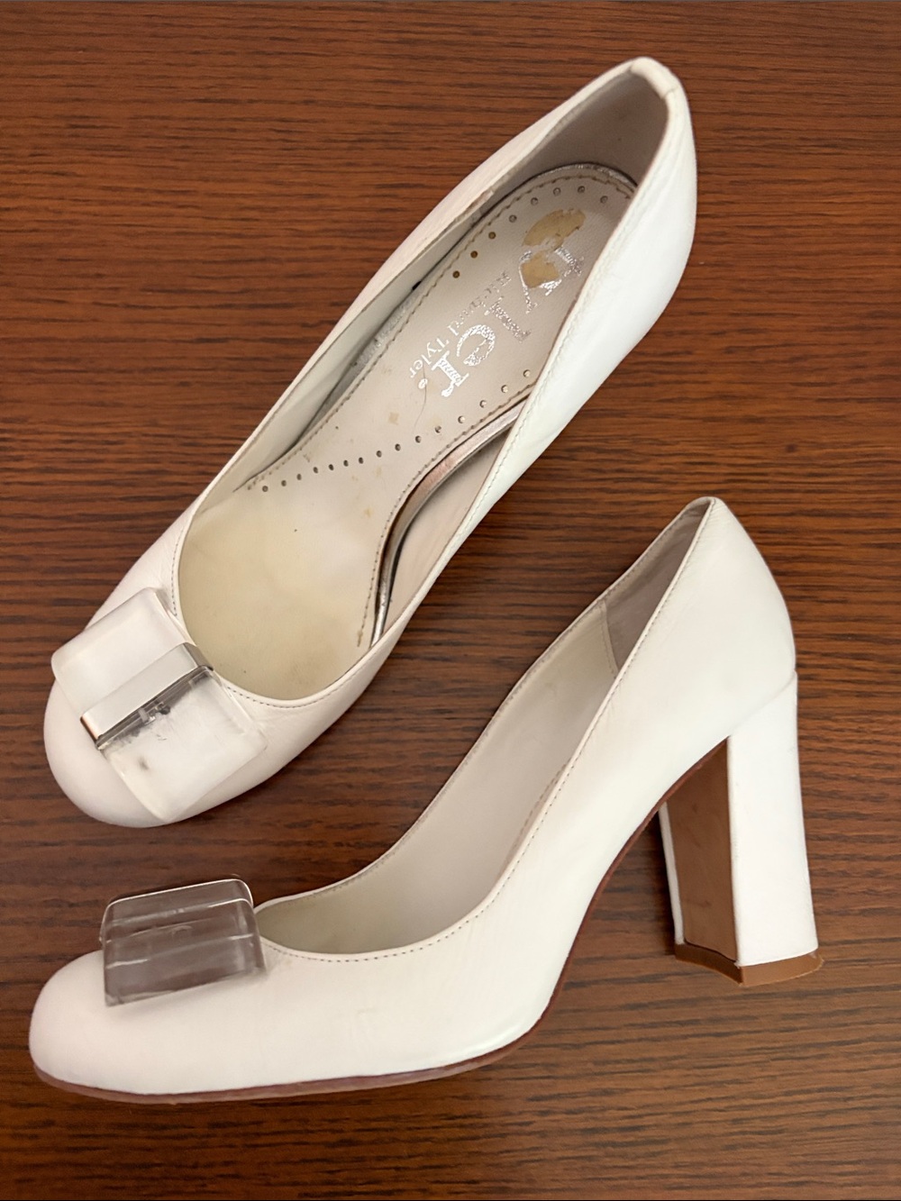 Richard Tyler Cream Block Heel Pumps with Clear Accent